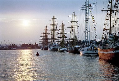 Sunset, sailing ships