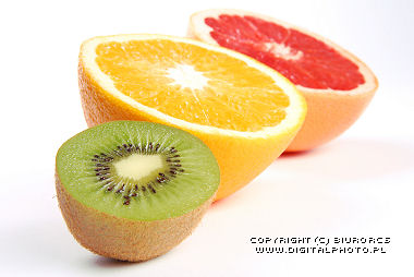 Appelsiner, grapefrugten, kiwi