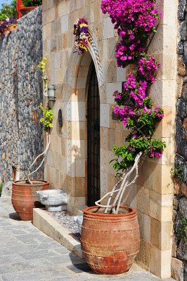Pots of flowers, street, Lindos Rhodes